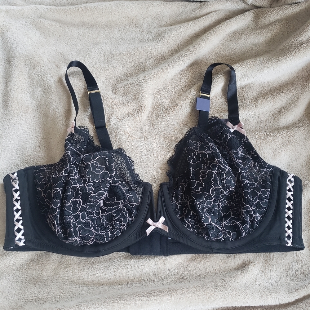 42D sheer lace scalloped mesh pink black bra